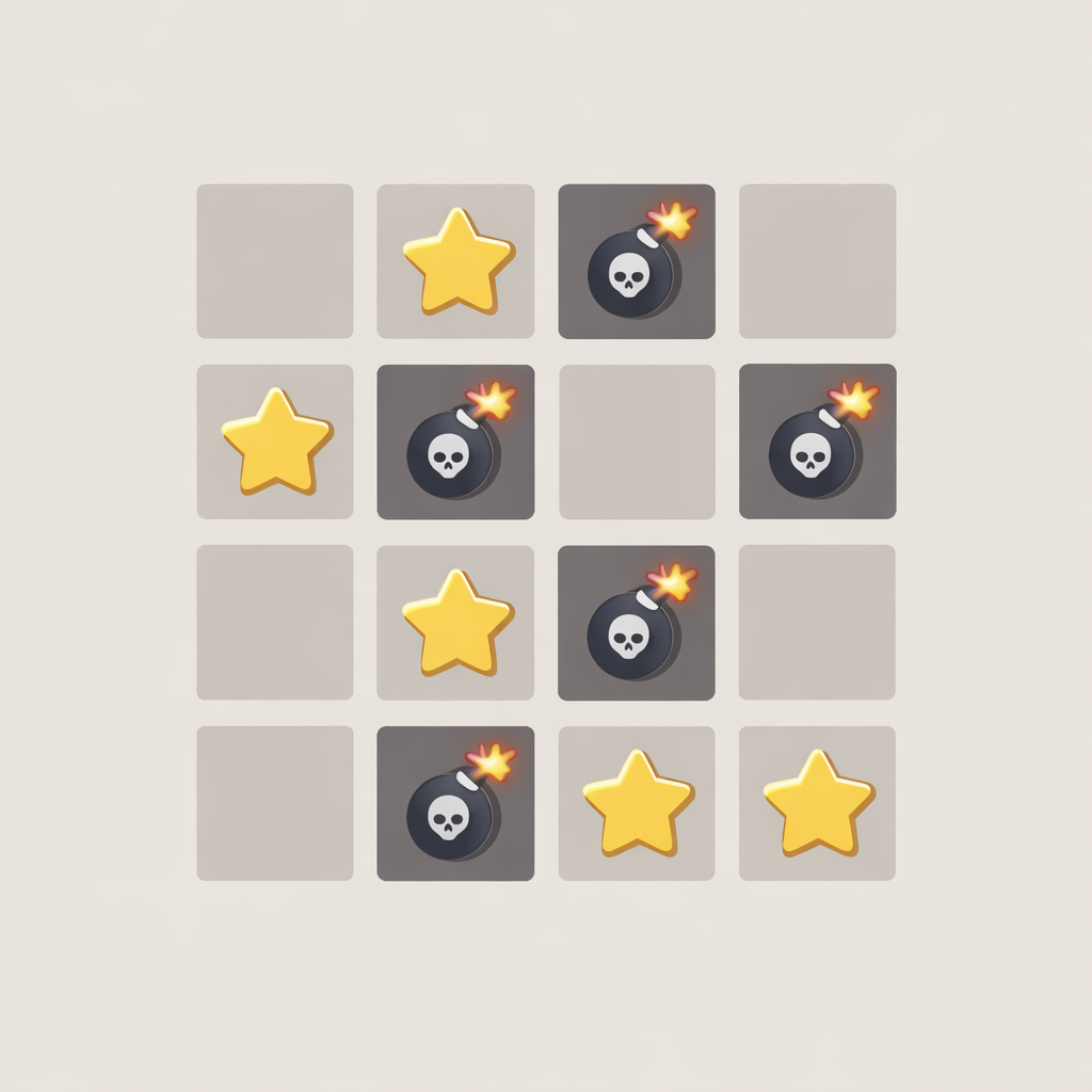 Illustration of a mines-style game grid with stars and hidden bombs