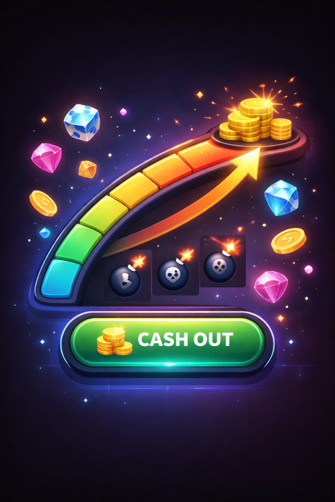 Risk and reward concept with cash out option in a mines-style casino game