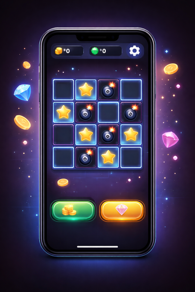 Illustration of a mines-style casino game played on a mobile device